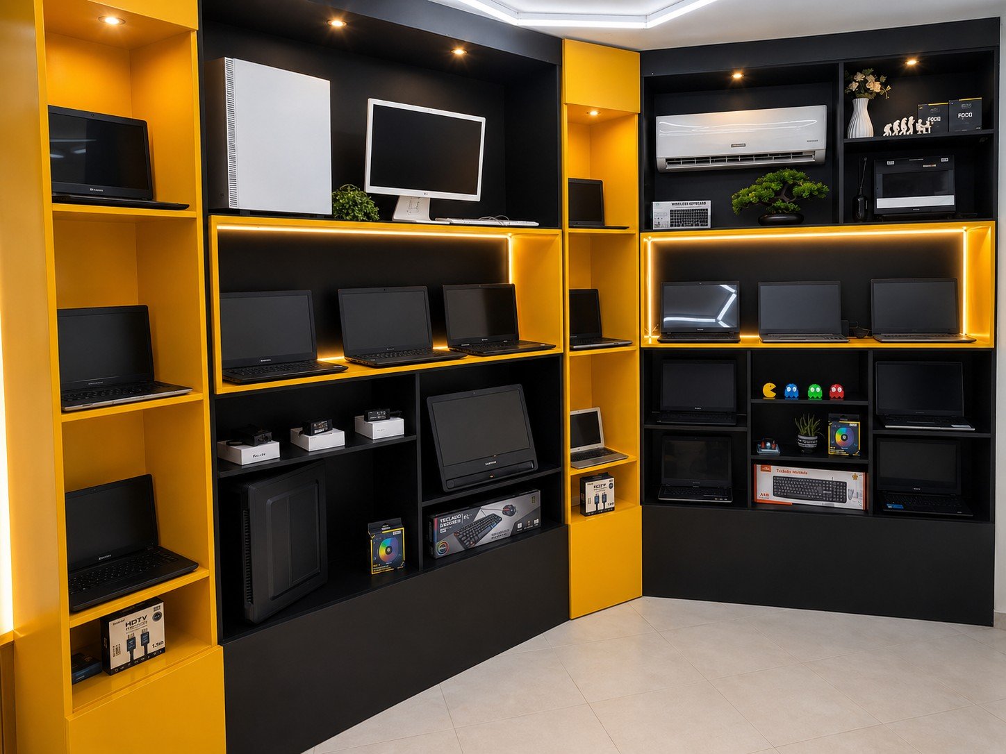 Vitrine da loja com notebooks e equipamentos expostos