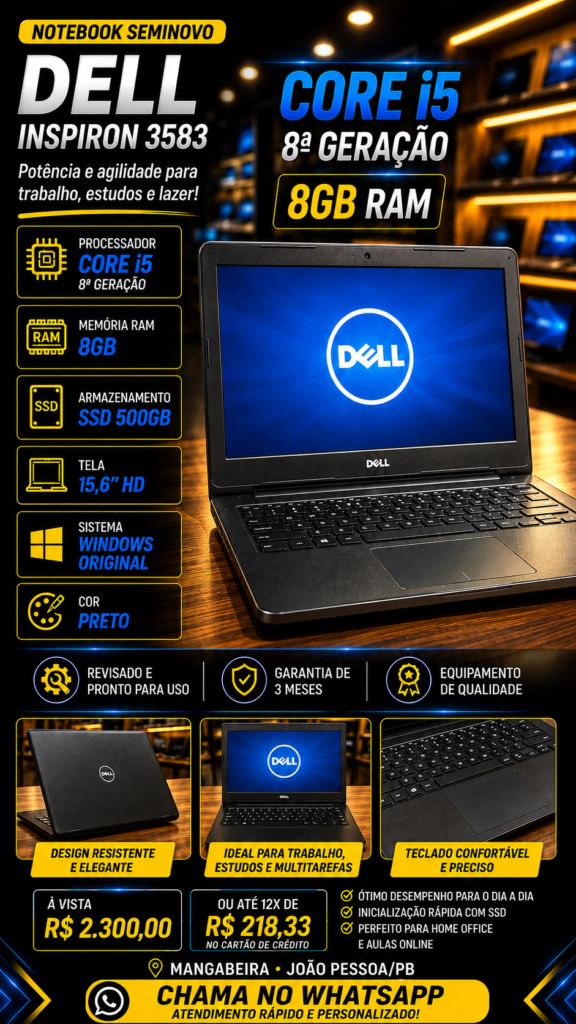Dell Inspiron 3583 — Core i5 8ª Geração — 8GB RAM — SSD 500GB — Tela 15,6"