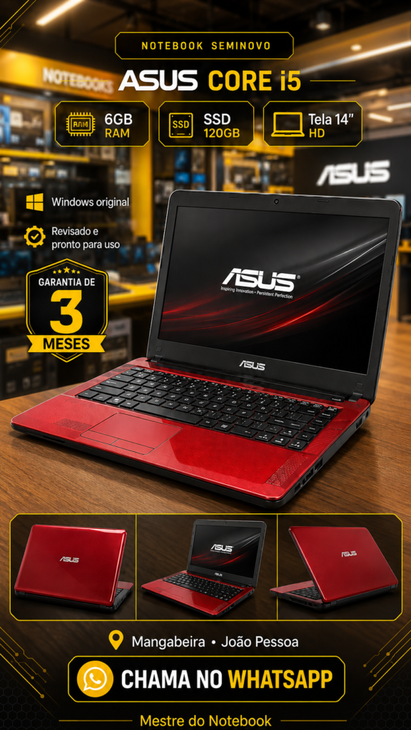 Notebook ASUS Intel Core i5 3ª Geração, 6GB RAM, SSD 120GB, Tela 14” HD — Vermelho