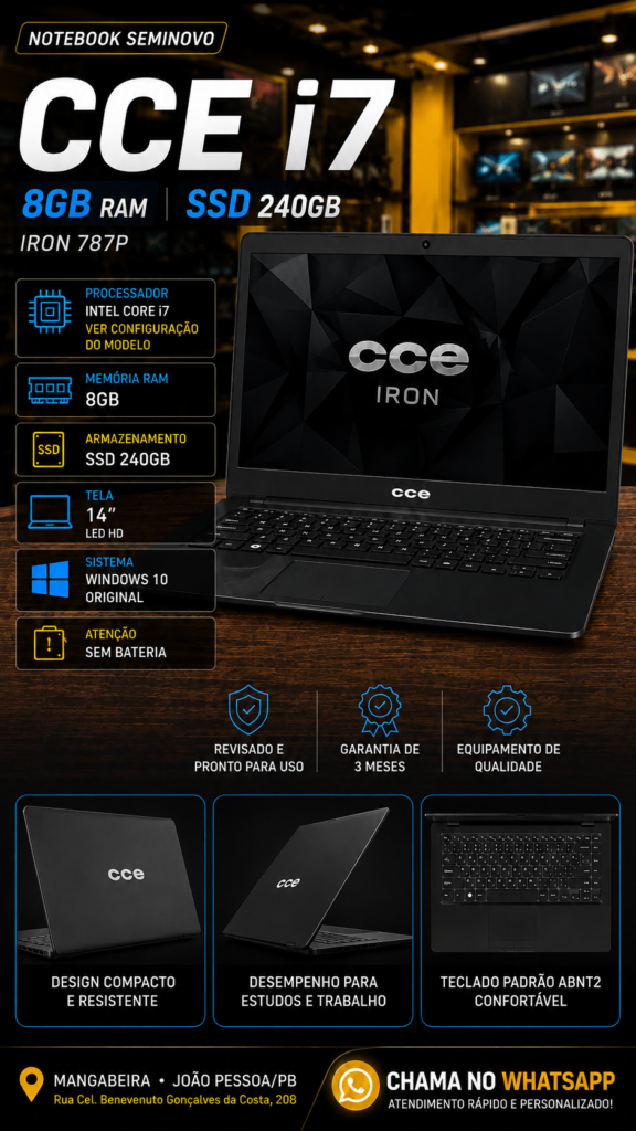 Notebook CCE Iron 787P Core i7 — 8GB RAM — SSD 240GB — Tela 14"