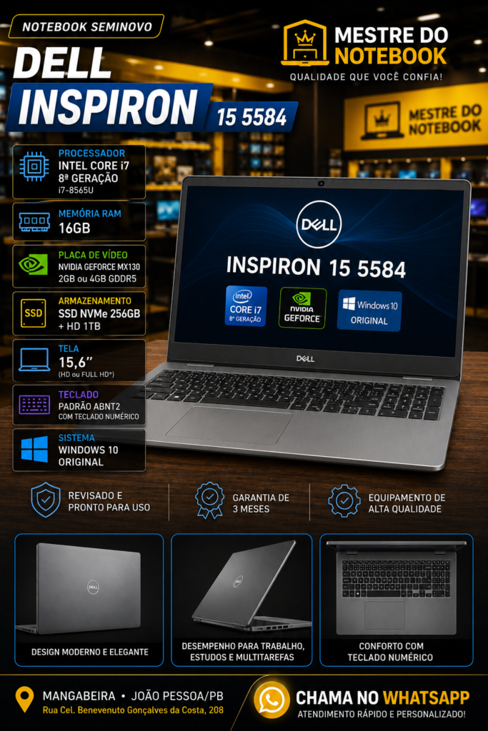 Dell Inspiron 15 5584 — Core i7 8ª Geração — 16GB RAM — SSD NVMe 256GB + HD 1TB — GeForce MX130