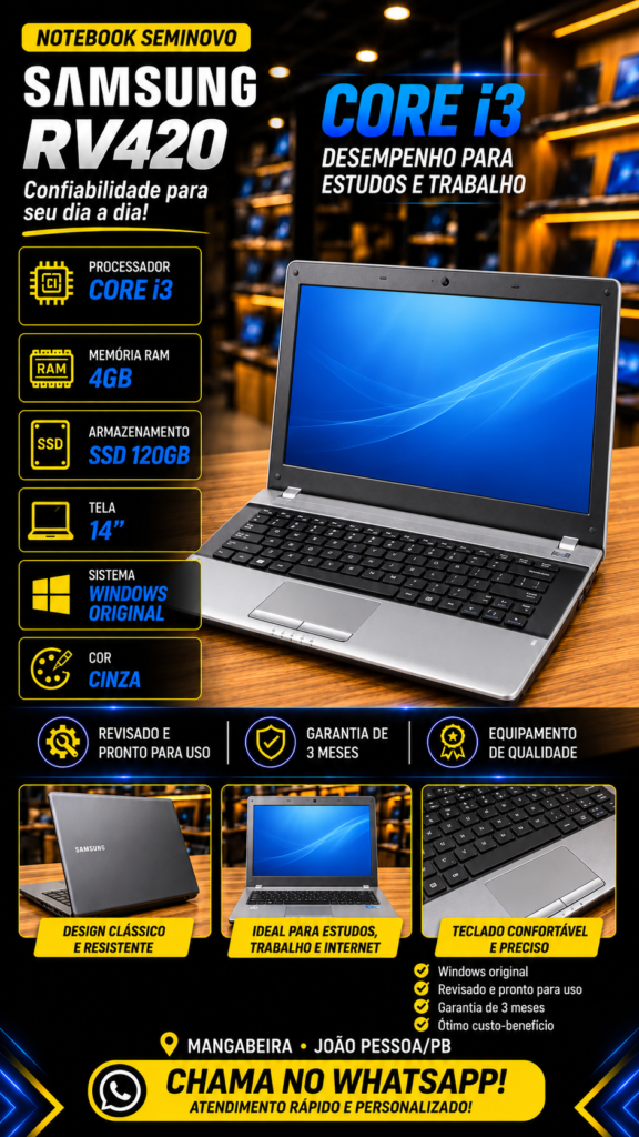 Samsung RV420 — Core i3 — 4GB RAM — SSD 120GB — Tela 14" — Bateria nova