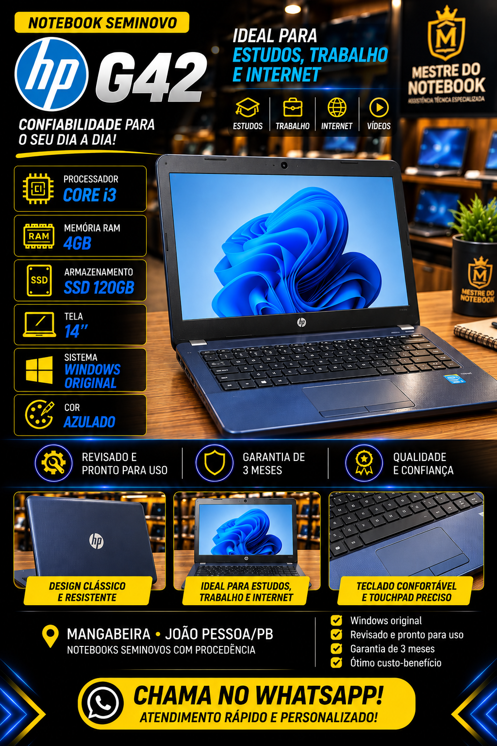 HP G42 — Core i3 — 4GB RAM — SSD 120GB — Tela 14" — Bateria Nova