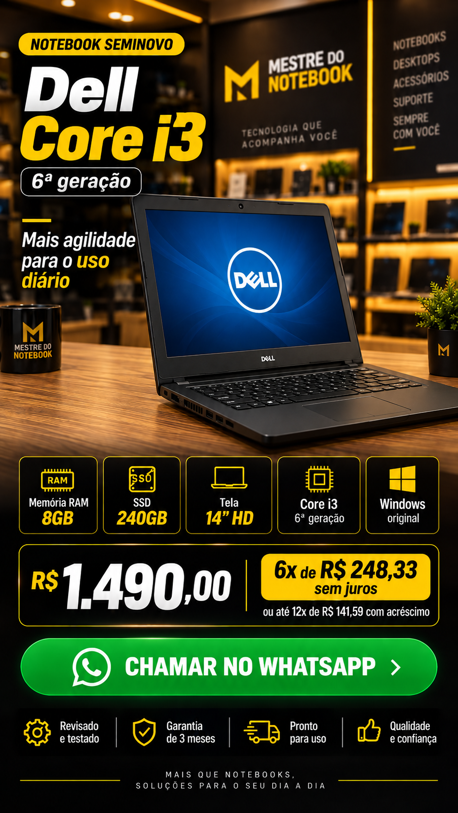 DELL INSPIRON 14 5468 — CORE I3 6ª GERAÇÃO — 8GB RAM — SSD 240GB — TELA 14″