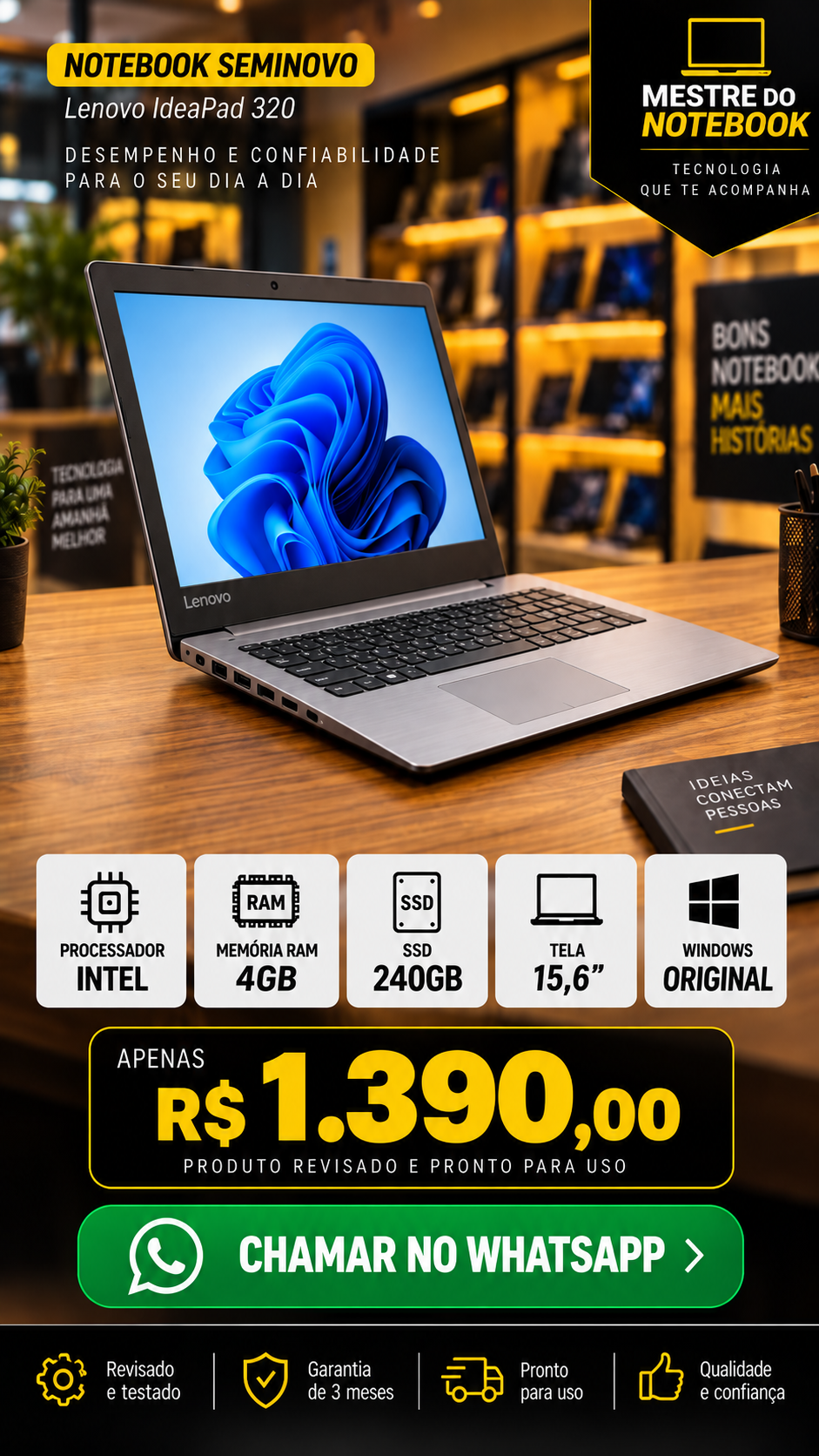 LENOVO IDEAPAD 320 — 4GB RAM — SSD 240GB — TELA 15,6″