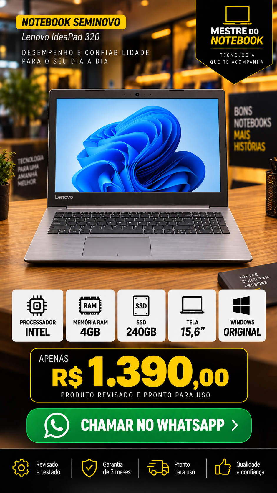 LENOVO IDEAPAD 320 — 4GB RAM — SSD 240GB — TELA 15,6″